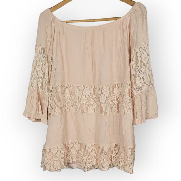 Free People Lace Off The Shoulder Bell Sleeve Small Pink Fairy Romantic Feminine - Picture 1 of 7